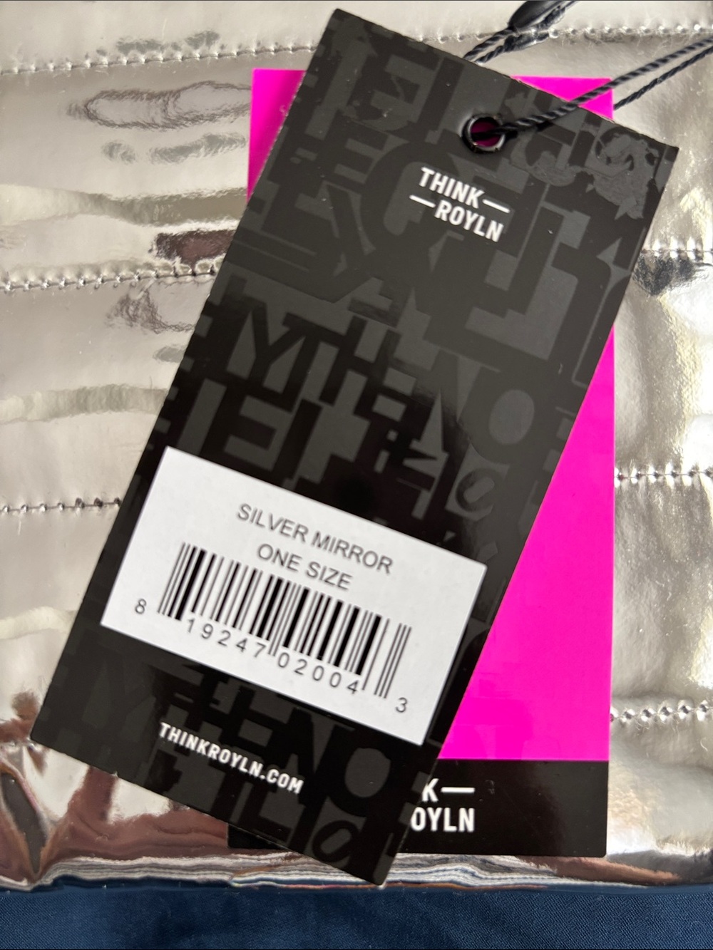 THINK ROYLN Silver Mirror Phone Sleeve with Hot Pink Tag